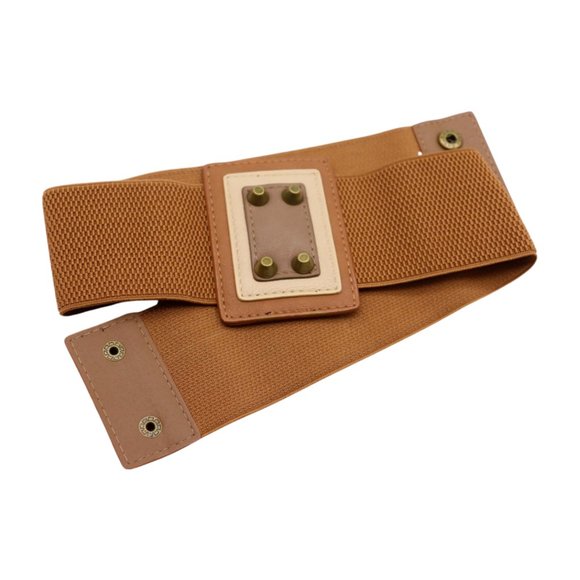 Women Brown Wide Elastic Belt Geometric Square Antique Gold Studs S M z042 - Picture 10 of 16